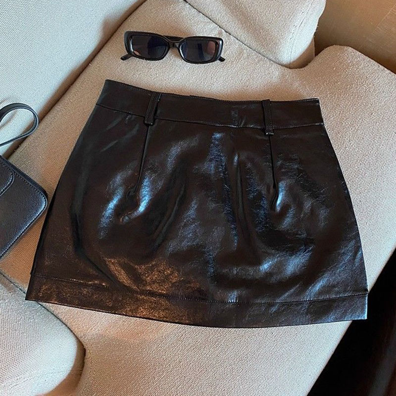 Wine Red PU Leather Skirts for Women Sexy Clubwear Hip-Wrapped Leather Mini Skirt Female Spring Autumn Anti-Glare Short Skirts