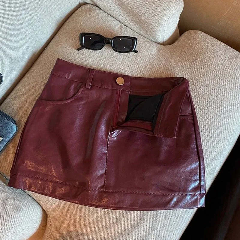 Wine Red PU Leather Skirts for Women Sexy Clubwear Hip-Wrapped Leather Mini Skirt Female Spring Autumn Anti-Glare Short Skirts