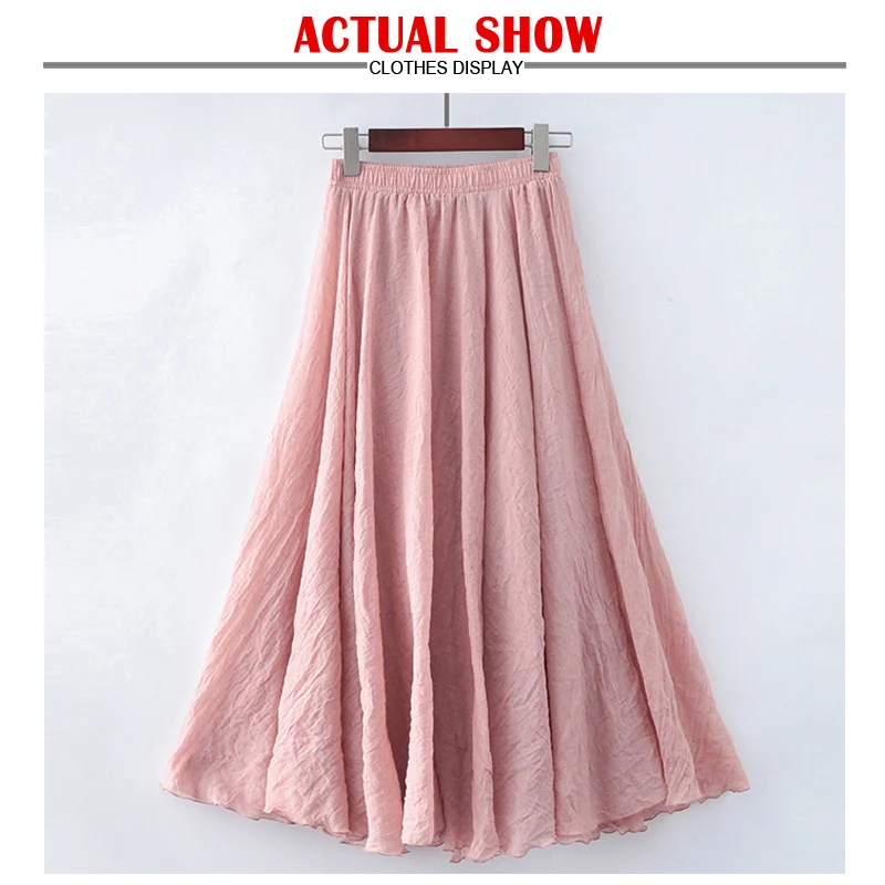 High Quality Cotton Linen Maxi Skirt Womens Casual Elastic High Waist Pleated A-Line Beach Skirts Boho Saia Feminina Faldas Jupe