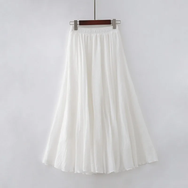 High Quality Cotton Linen Maxi Skirt Womens Casual Elastic High Waist Pleated A-Line Beach Skirts Boho Saia Feminina Faldas Jupe