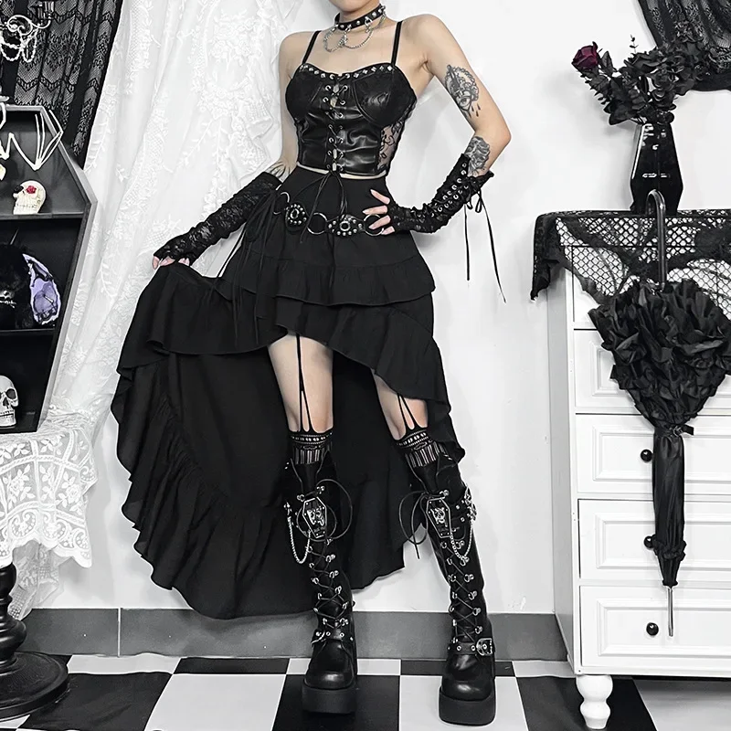 Goth Dark Kawaii Black Tiered Skirts 90S Retro Irregular Hem Party Bottoms Mall Gothic Women Fashion Dragging Skirt Alt Clothing
