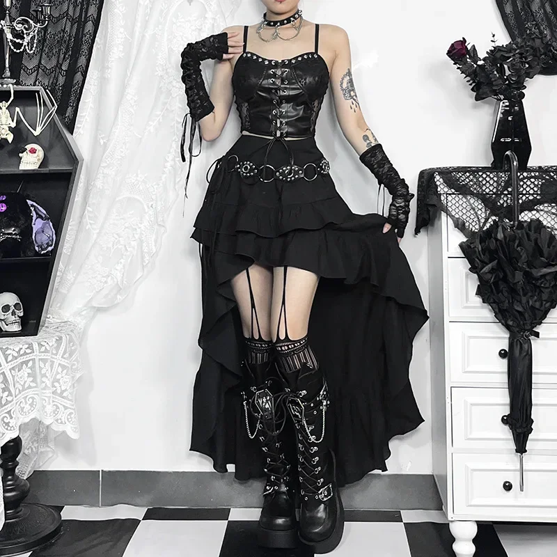Goth Dark Kawaii Black Tiered Skirts 90S Retro Irregular Hem Party Bottoms Mall Gothic Women Fashion Dragging Skirt Alt Clothing