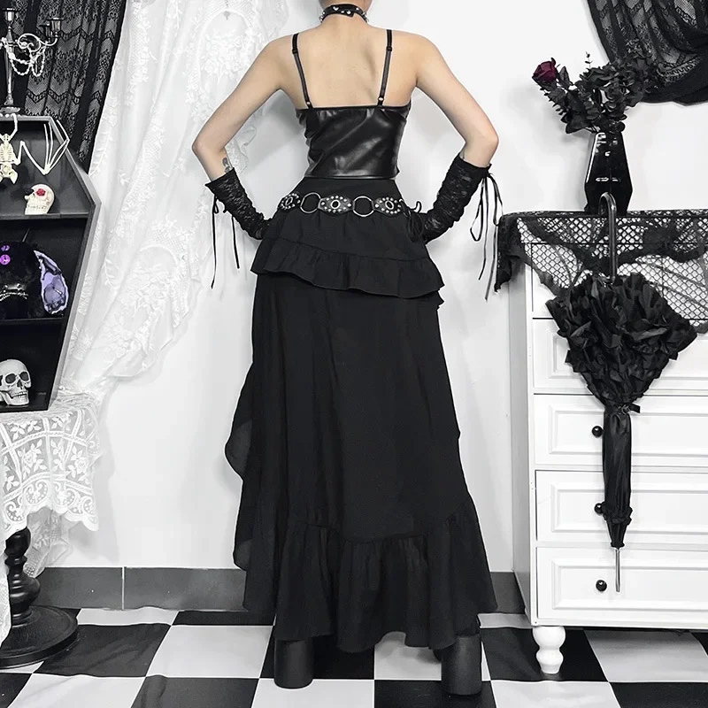 Goth Dark Kawaii Black Tiered Skirts 90S Retro Irregular Hem Party Bottoms Mall Gothic Women Fashion Dragging Skirt Alt Clothing