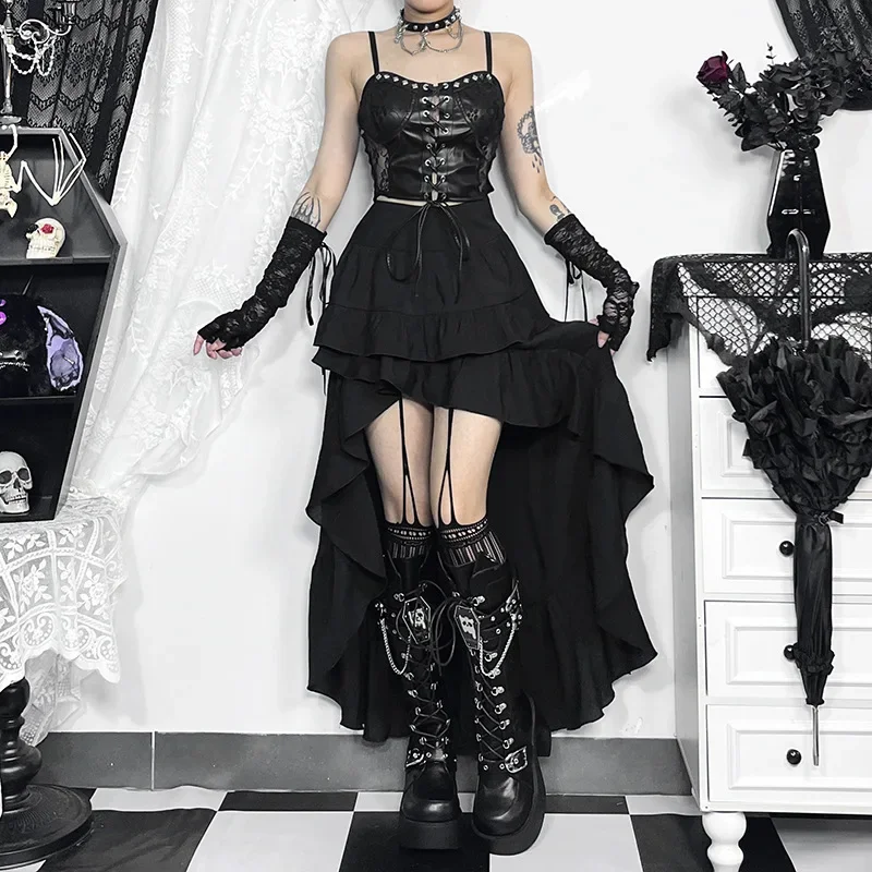Goth Dark Kawaii Black Tiered Skirts 90S Retro Irregular Hem Party Bottoms Mall Gothic Women Fashion Dragging Skirt Alt Clothing