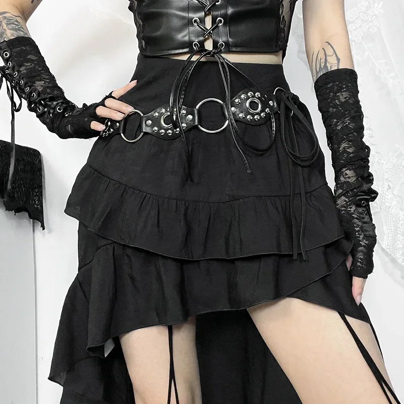 Goth Dark Kawaii Black Tiered Skirts 90S Retro Irregular Hem Party Bottoms Mall Gothic Women Fashion Dragging Skirt Alt Clothing