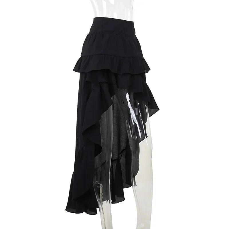 Goth Dark Kawaii Black Tiered Skirts 90S Retro Irregular Hem Party Bottoms Mall Gothic Women Fashion Dragging Skirt Alt Clothing