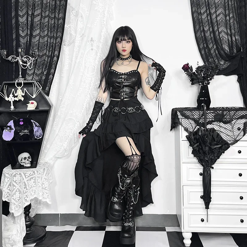 Goth Dark Kawaii Black Tiered Skirts 90S Retro Irregular Hem Party Bottoms Mall Gothic Women Fashion Dragging Skirt Alt Clothing