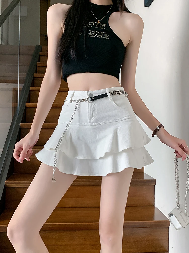 Vintage Woman Denim Shorts Skirts Summer 2023 Streetwear All Match Washed Kawaii Ball Gown Ruffles Mini Jeans Saias Femme