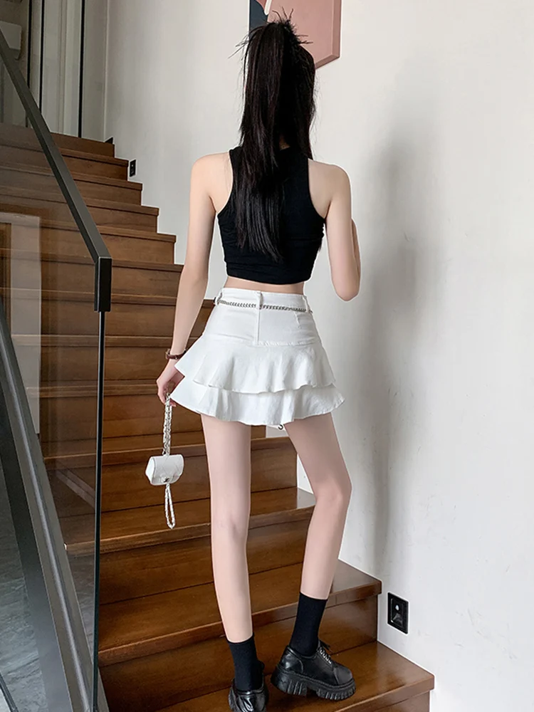 Vintage Woman Denim Shorts Skirts Summer 2023 Streetwear All Match Washed Kawaii Ball Gown Ruffles Mini Jeans Saias Femme