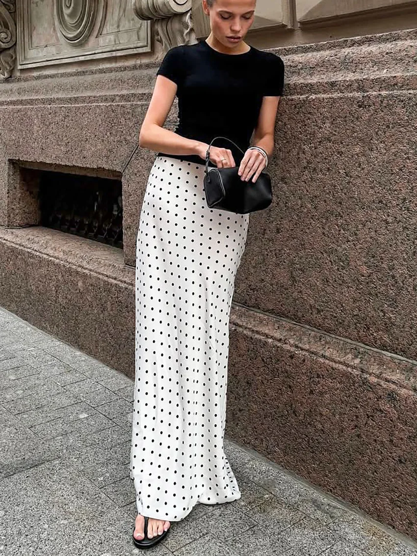 Talenza White Polka Dot Skirt Elegant Fashion Contrast Slim High Waist Patchwork Skirts Luxury New Party Women's Y2k Maxi Skirt