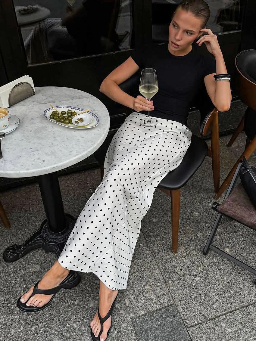 Talenza White Polka Dot Skirt Elegant Fashion Contrast Slim High Waist Patchwork Skirts Luxury New Party Women's Y2k Maxi Skirt