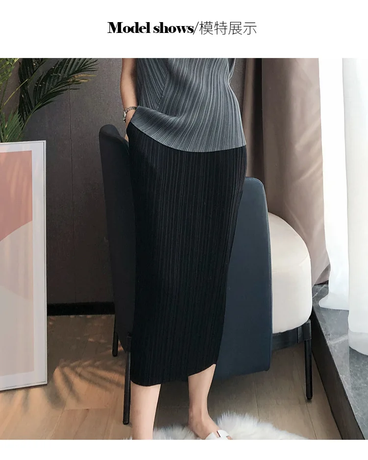 Miyake Pleated Women Skirt Korean Fashion Stretch Classic Lake Blue A-line Skirt Straight Long Skirts Causal Style In Stock