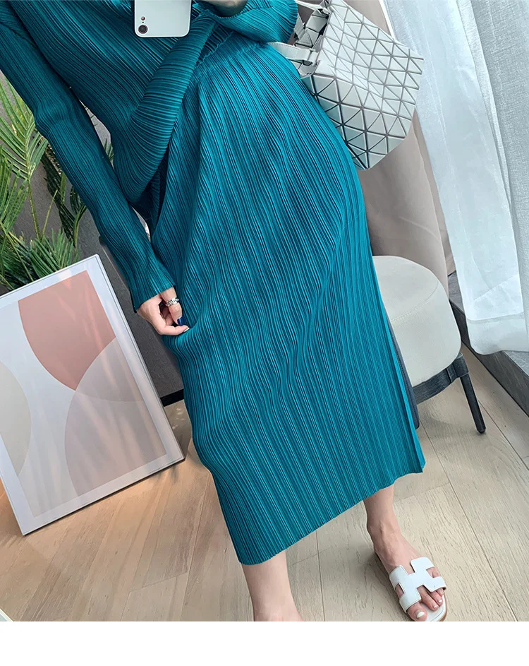 Miyake Pleated Women Skirt Korean Fashion Stretch Classic Lake Blue A-line Skirt Straight Long Skirts Causal Style In Stock