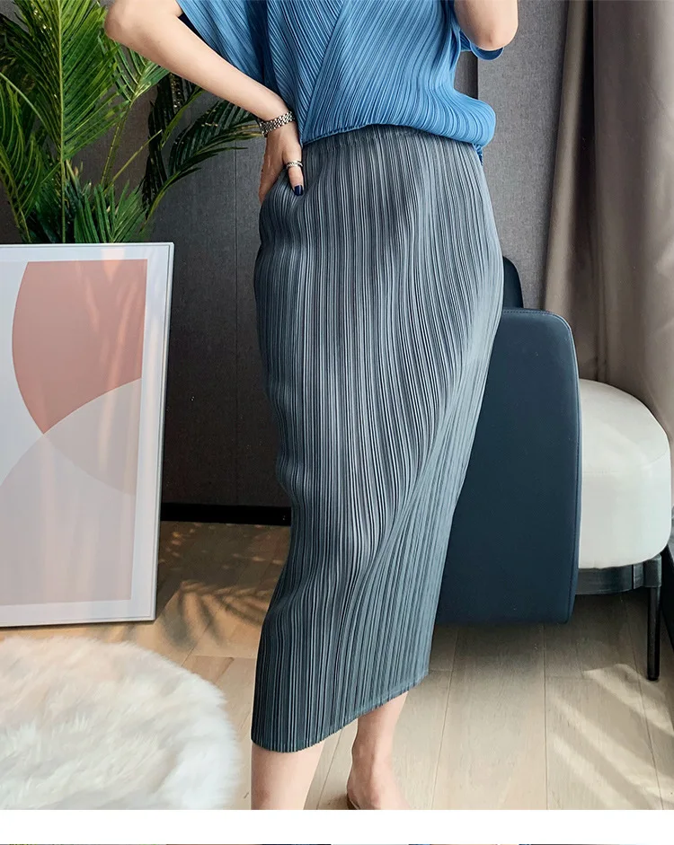Miyake Pleated Women Skirt Korean Fashion Stretch Classic Lake Blue A-line Skirt Straight Long Skirts Causal Style In Stock