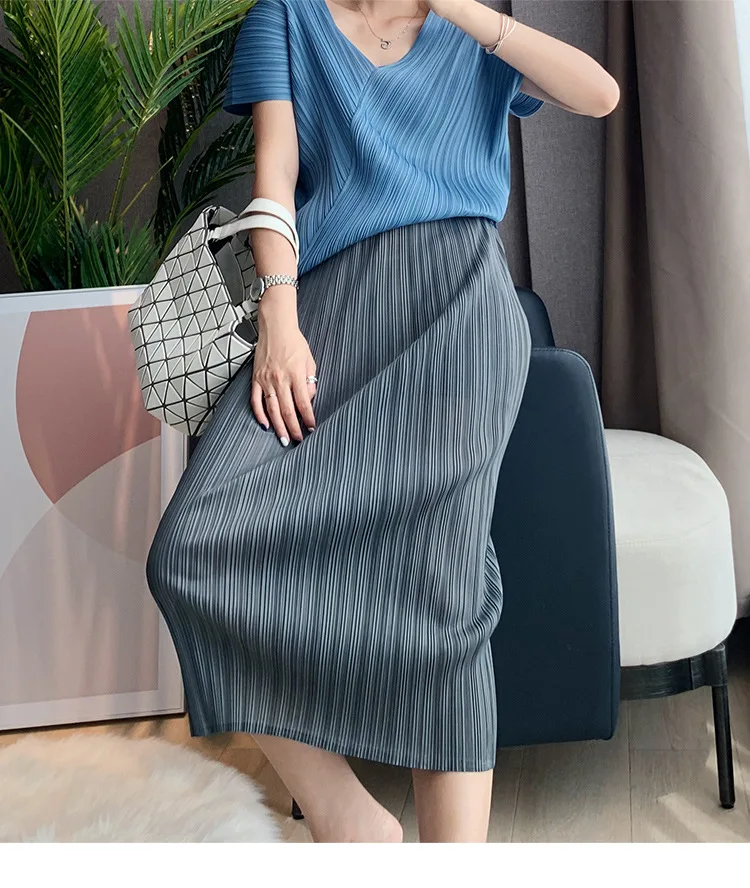 Miyake Pleated Women Skirt Korean Fashion Stretch Classic Lake Blue A-line Skirt Straight Long Skirts Causal Style In Stock