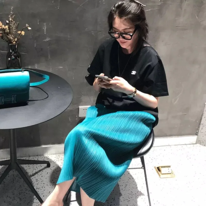 Miyake Pleated Women Skirt Korean Fashion Stretch Classic Lake Blue A-line Skirt Straight Long Skirts Causal Style In Stock