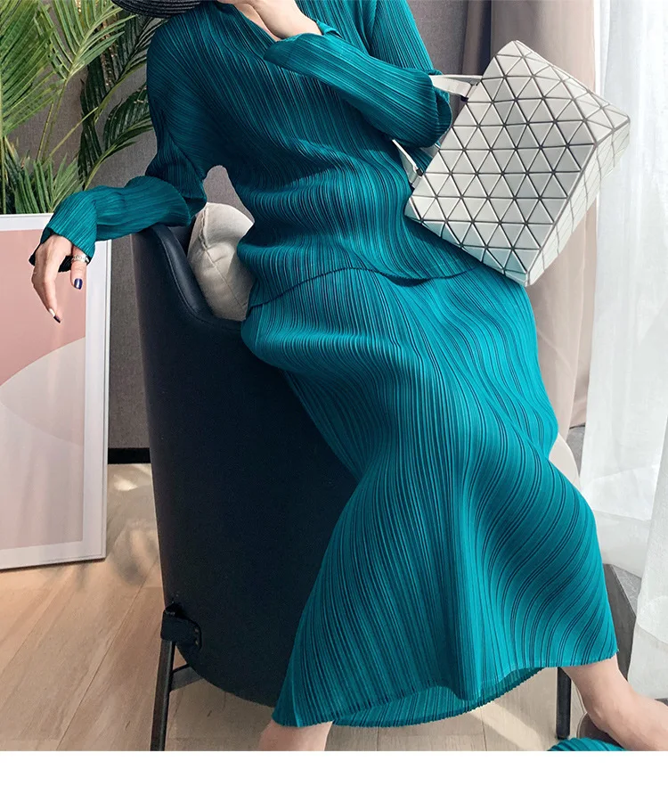 Miyake Pleated Women Skirt Korean Fashion Stretch Classic Lake Blue A-line Skirt Straight Long Skirts Causal Style In Stock