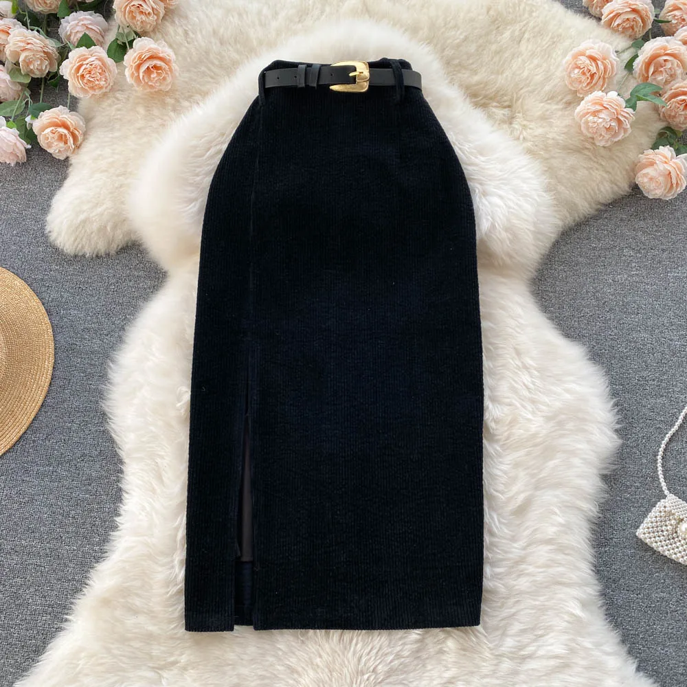 SINGREINY Women Korean Split Sexy Long Skirt 2024 Winter Corduroy Slim Thick Streetwear Fashion Vintage Autumn Bodycon Skirt