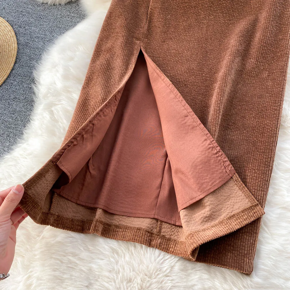SINGREINY Women Korean Split Sexy Long Skirt 2024 Winter Corduroy Slim Thick Streetwear Fashion Vintage Autumn Bodycon Skirt