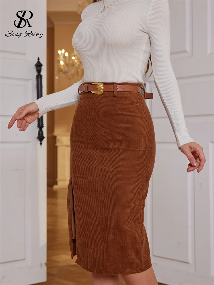 SINGREINY Women Korean Split Sexy Long Skirt 2024 Winter Corduroy Slim Thick Streetwear Fashion Vintage Autumn Bodycon Skirt