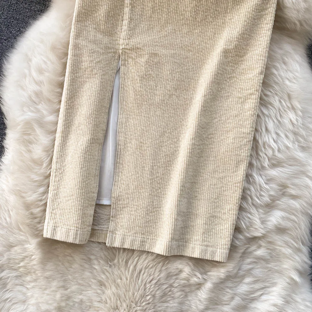SINGREINY Women Korean Split Sexy Long Skirt 2024 Winter Corduroy Slim Thick Streetwear Fashion Vintage Autumn Bodycon Skirt