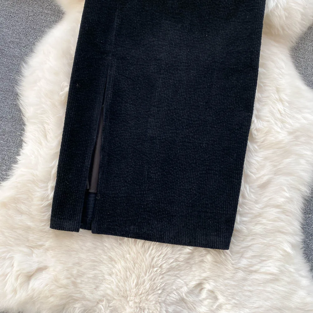 SINGREINY Women Korean Split Sexy Long Skirt 2024 Winter Corduroy Slim Thick Streetwear Fashion Vintage Autumn Bodycon Skirt