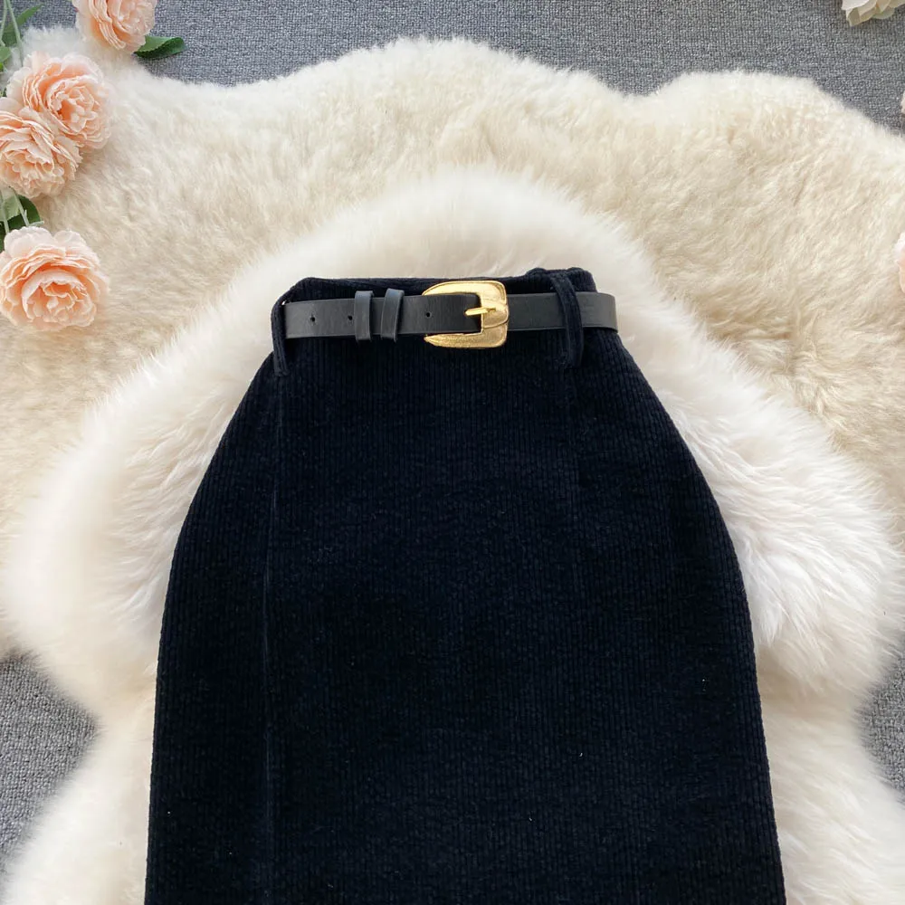 SINGREINY Women Korean Split Sexy Long Skirt 2024 Winter Corduroy Slim Thick Streetwear Fashion Vintage Autumn Bodycon Skirt