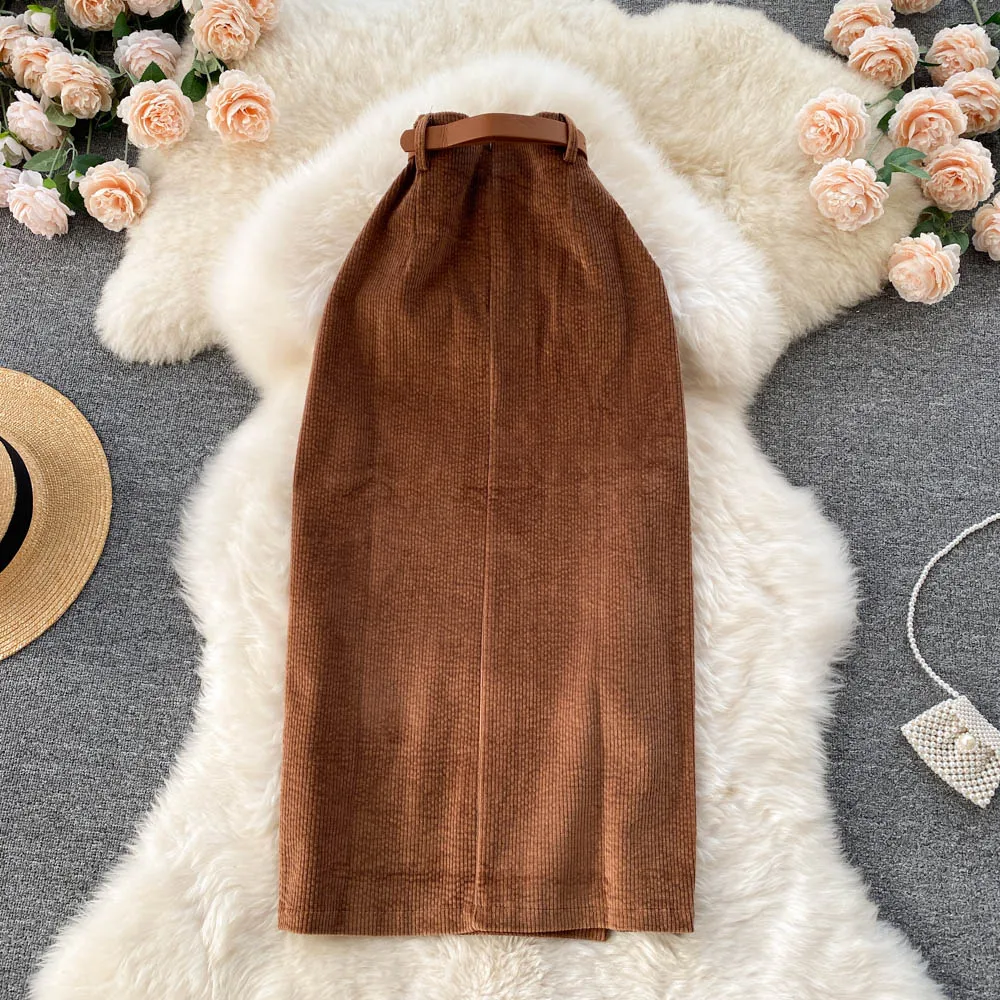 SINGREINY Women Korean Split Sexy Long Skirt 2024 Winter Corduroy Slim Thick Streetwear Fashion Vintage Autumn Bodycon Skirt