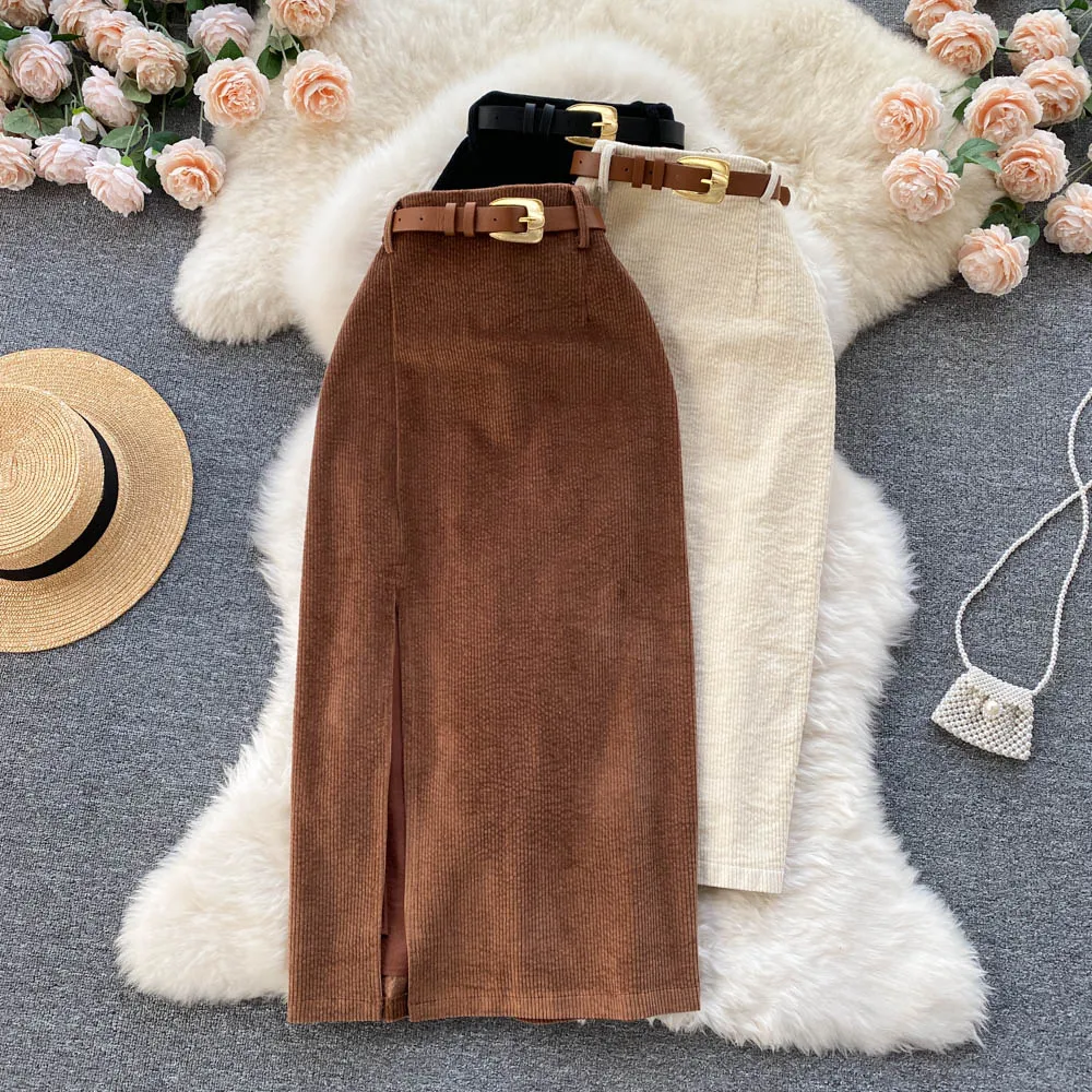 SINGREINY Women Korean Split Sexy Long Skirt 2024 Winter Corduroy Slim Thick Streetwear Fashion Vintage Autumn Bodycon Skirt
