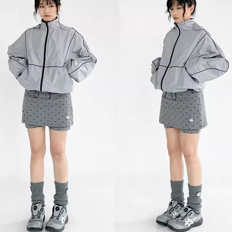 Grey Polka-Dot Sports Short Skirt Women Summer 2025 High Waist A Line Shorts Skirts Woman Streetwear Y2K Mini Skirt Female