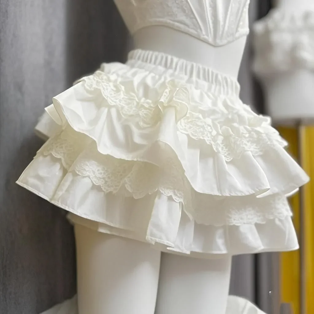Kawaii Sweet Lolita Skirts Y2k Clothes Women French Lace Patchwork High Waisted Puffy Short Cake Skirt A-line Skirt Gothic New
