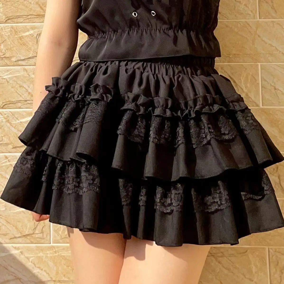 Kawaii Sweet Lolita Skirts Y2k Clothes Women French Lace Patchwork High Waisted Puffy Short Cake Skirt A-line Skirt Gothic New