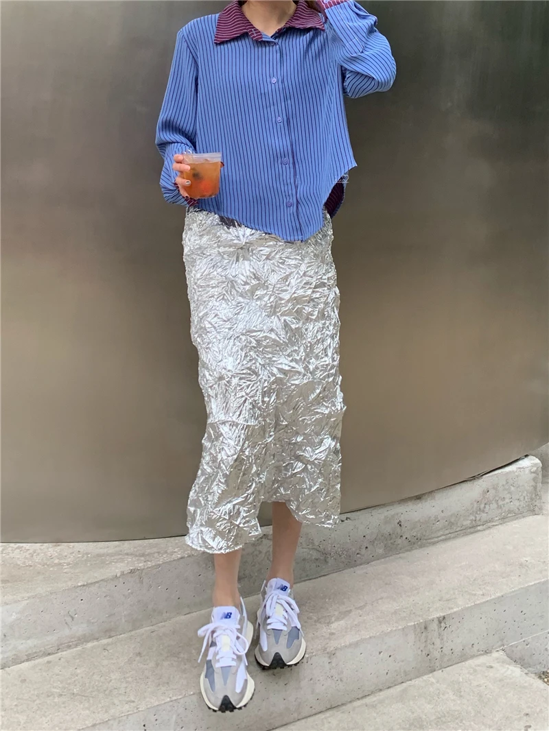 CHEERART Metallic Long Silver Skirt For Women Summer Texture Ruched High Fashion A Line Glitter Slit Midi Skirt Designer Clothes