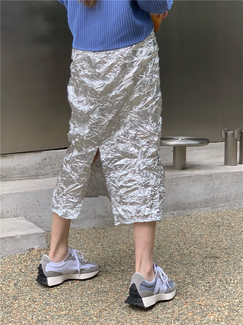 CHEERART Metallic Long Silver Skirt For Women Summer Texture Ruched High Fashion A Line Glitter Slit Midi Skirt Designer Clothes