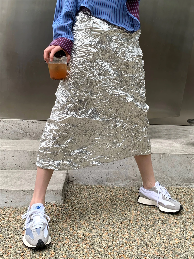 CHEERART Metallic Long Silver Skirt For Women Summer Texture Ruched High Fashion A Line Glitter Slit Midi Skirt Designer Clothes