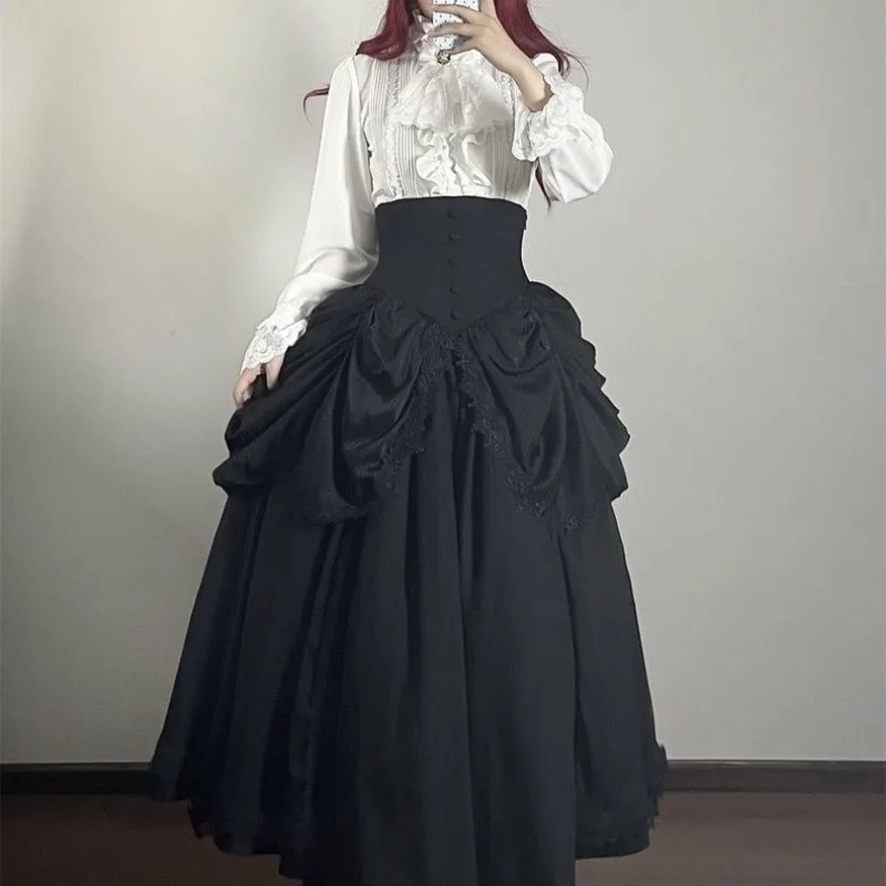 High Waist A-line Skirts for Women's 2025 Faldas Mujer De Moda Lolita Style Japanese Sweet Saia Patchwork Lace Big Swing Skirt