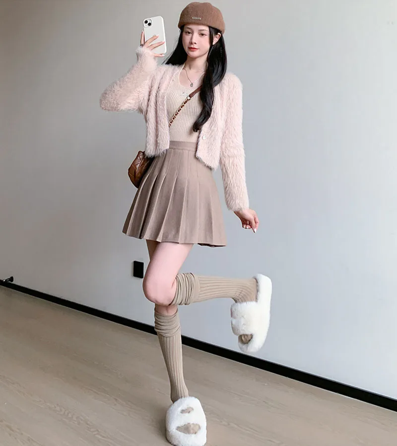 Autumn Winter Woolen Pleated Skirts Women New Korean High Waist Slimming Mini Skirt Ladies Preppy Style Side Zipper A-Line Skirt