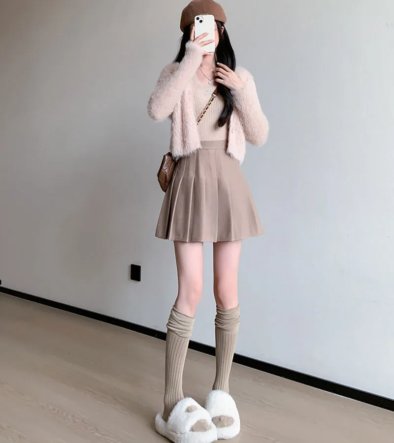 Autumn Winter Woolen Pleated Skirts Women New Korean High Waist Slimming Mini Skirt Ladies Preppy Style Side Zipper A-Line Skirt