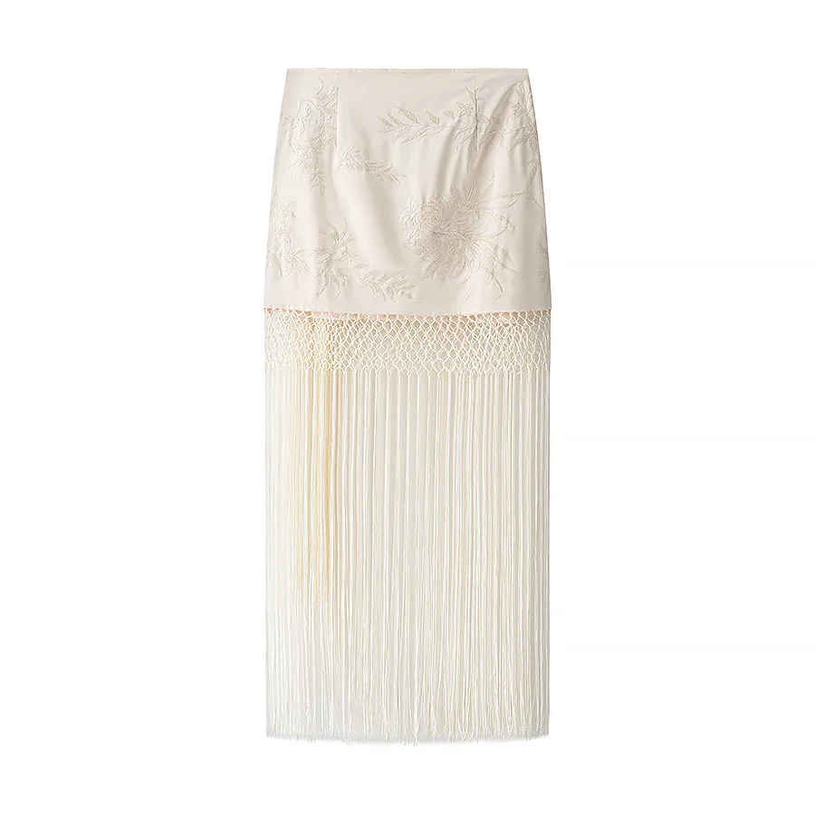 HH Women's Fashion Embroidered Sexy Tassel Spliced Skirt Female Temperament High Waist Knot Asymmetrical Casual Midi Skirt
