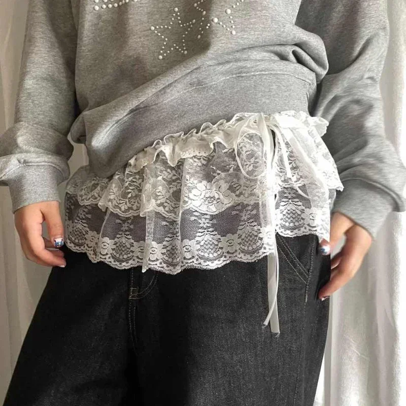 Korean Ins Blogger Unique Lace Layered Gauze Skirts Lace Trim A-Line Short Cloth Mini Waist Skirts Harajuku Girl's White Skirts