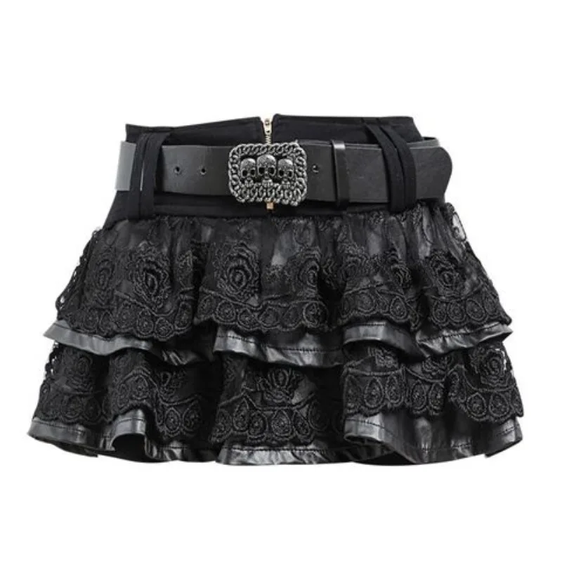 Punk Gothic Skirts Low Waist Solid Color Lace Patchwork Belt Mini Skirt Y2k Harajuku Streetwear Female Slim Women Clothing 2025