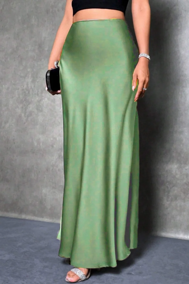 Elegant silk-like satin A-line midi skirt with high waist and mermaid tail for women in spring and summer