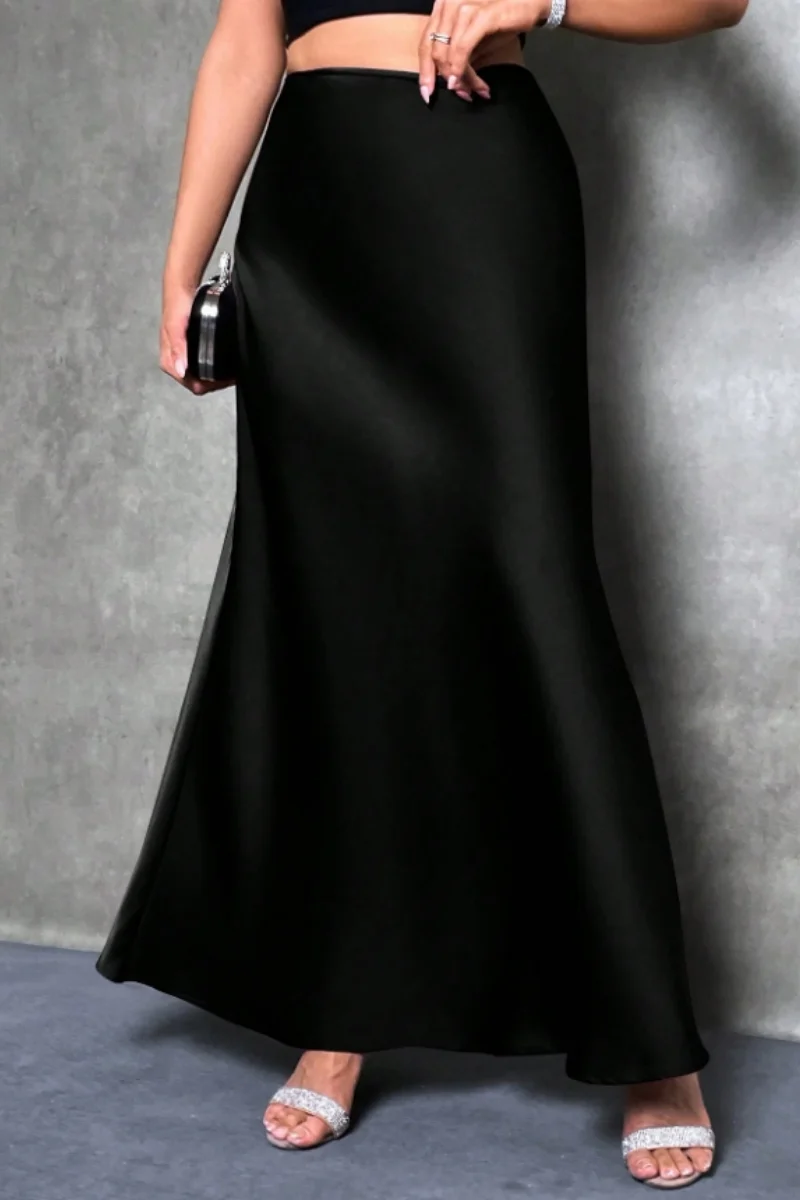 Elegant silk-like satin A-line midi skirt with high waist and mermaid tail for women in spring and summer
