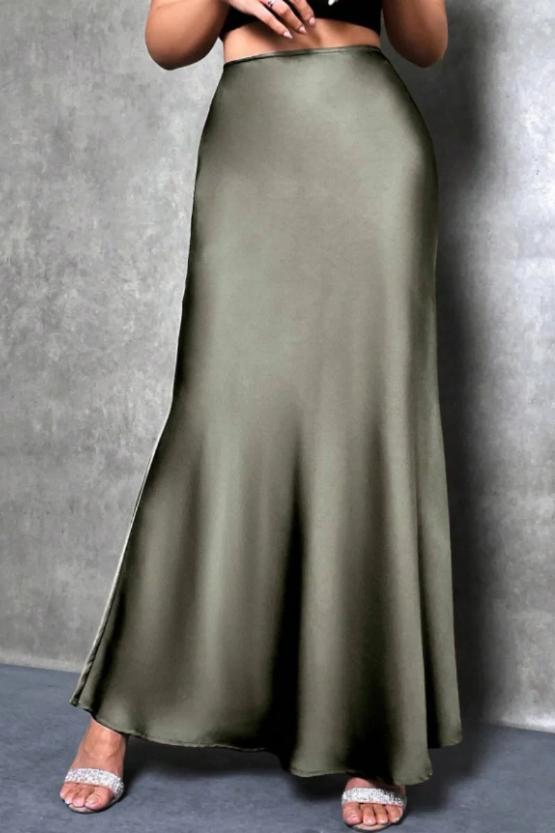 Elegant silk-like satin A-line midi skirt with high waist and mermaid tail for women in spring and summer