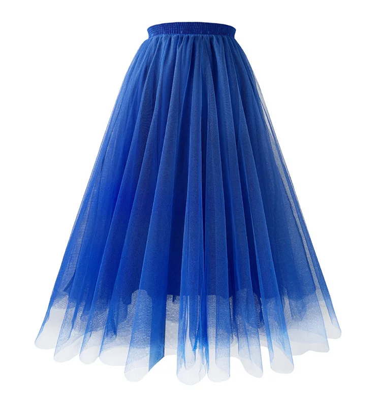 New Mesh Gauze Pleated A-line Skirt Kawaii Prom Clothes for Women Summer High Waist Pink White Blue Midi Tulle Skirts Woman 2023