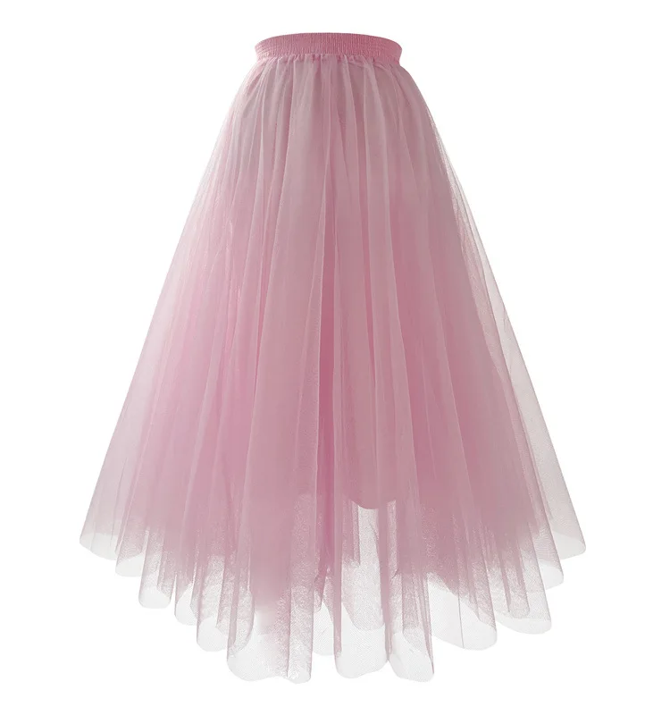 New Mesh Gauze Pleated A-line Skirt Kawaii Prom Clothes for Women Summer High Waist Pink White Blue Midi Tulle Skirts Woman 2023