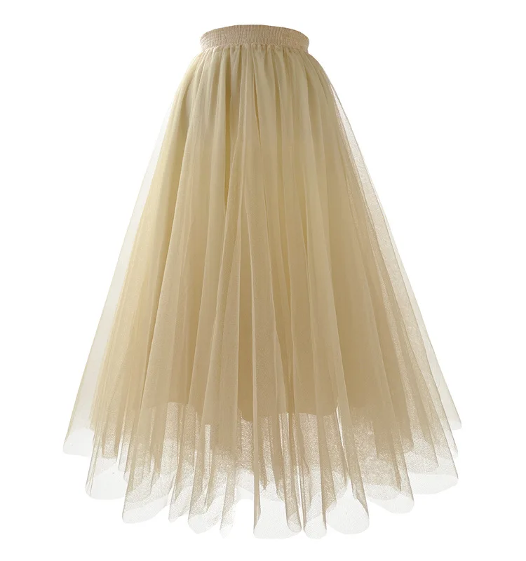 New Mesh Gauze Pleated A-line Skirt Kawaii Prom Clothes for Women Summer High Waist Pink White Blue Midi Tulle Skirts Woman 2023
