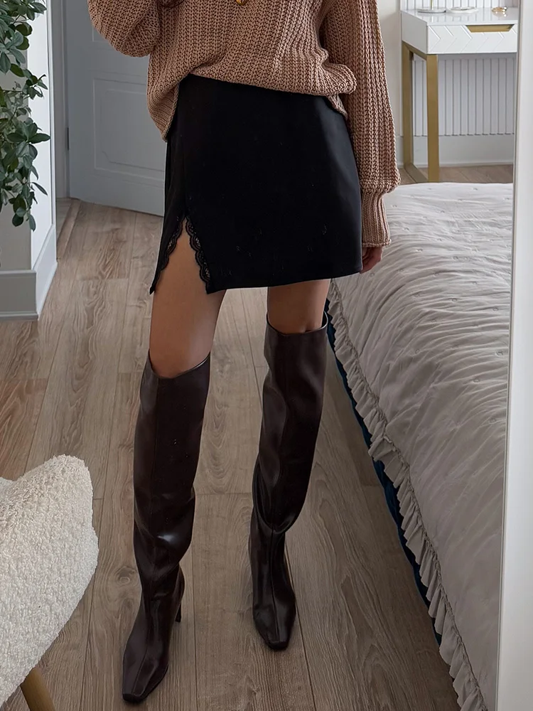 Summer Wiomen's Satin Lace Mini Slip Skirt Brown High Waist A-Line Bodycon Silk Short Skirts Slit Mini Skirt Satin Black Women