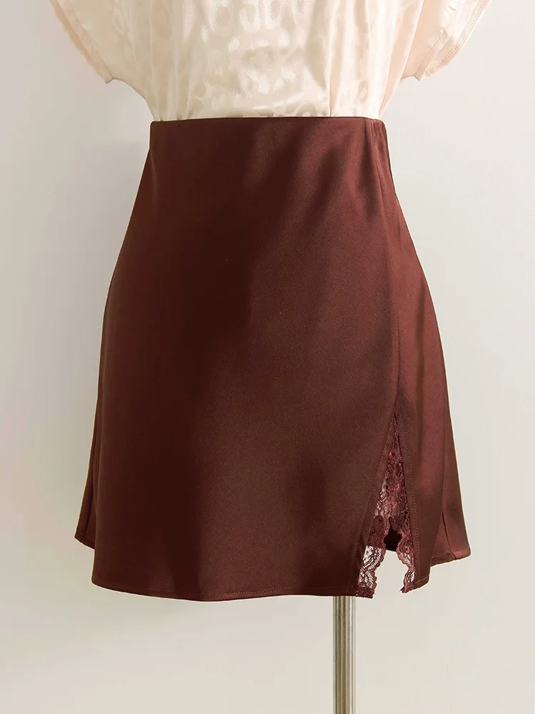 Summer Wiomen's Satin Lace Mini Slip Skirt Brown High Waist A-Line Bodycon Silk Short Skirts Slit Mini Skirt Satin Black Women
