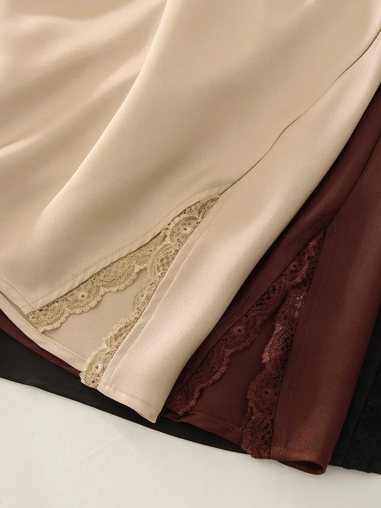 Summer Wiomen's Satin Lace Mini Slip Skirt Brown High Waist A-Line Bodycon Silk Short Skirts Slit Mini Skirt Satin Black Women